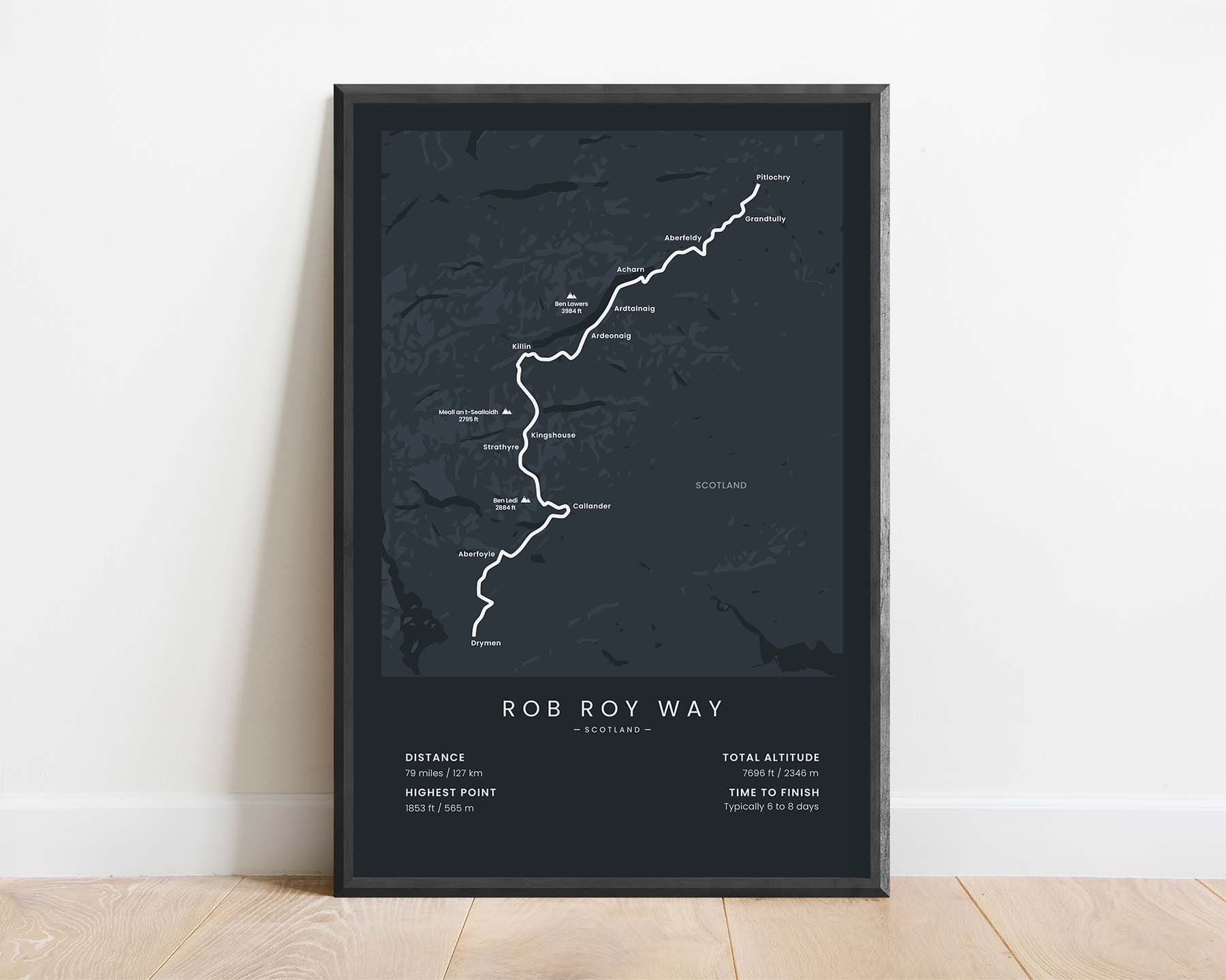 Rob Roy Way (Drymen to Pitlochry) Path Print with Black Background