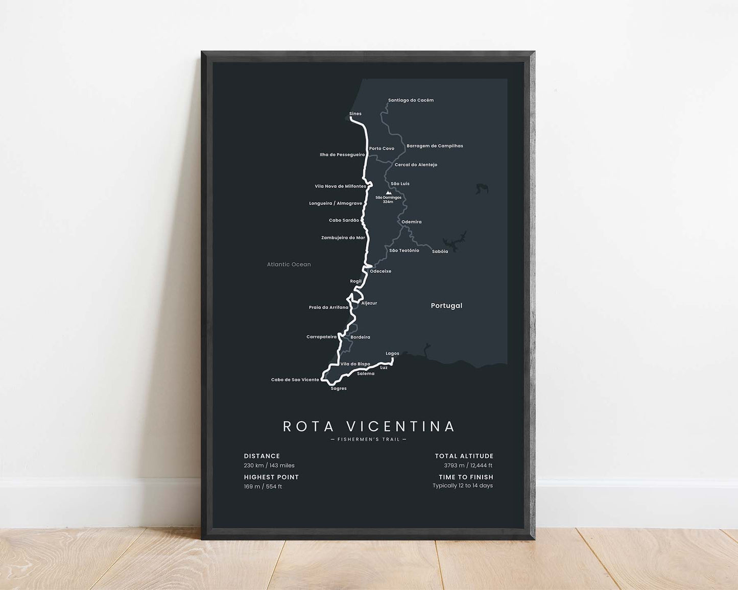Rota Vicentina Fishermen's Trail (Europe) Route Wall Art with Black Background