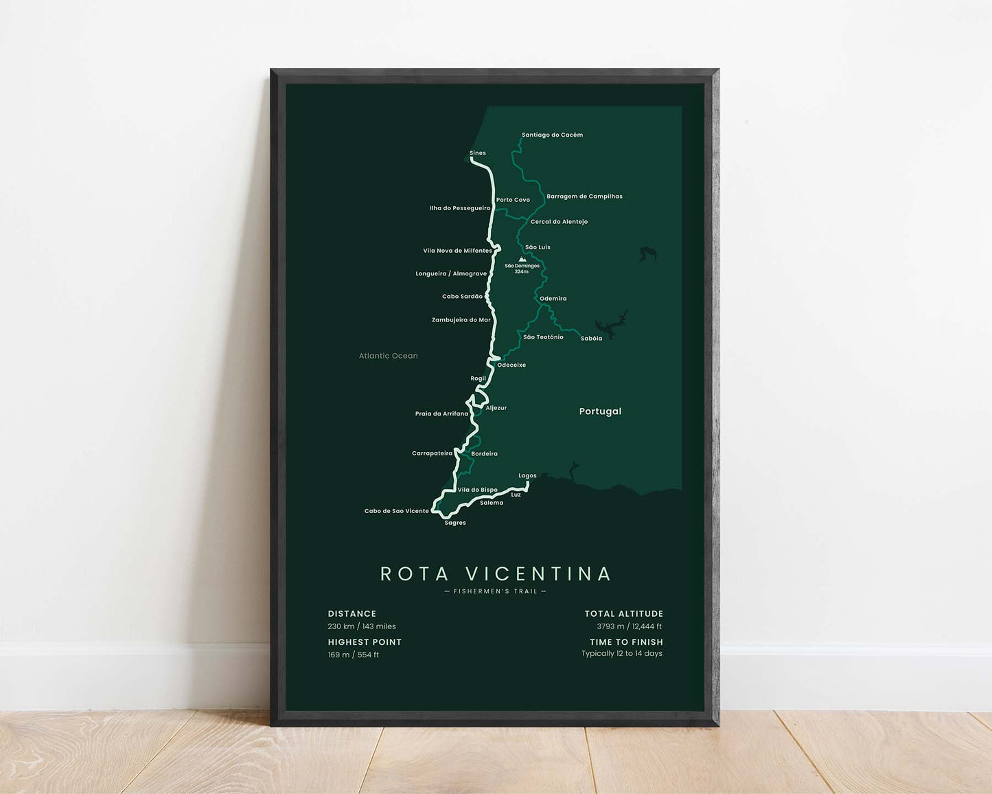 Rota Vicentina Fishermen's Trail (Lagos) Track Map Art with Green Background
