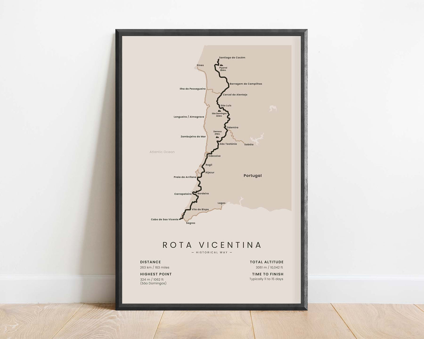 Rota Vicentina Historical Way (Portugal) Trail Wall Map with Beige Background