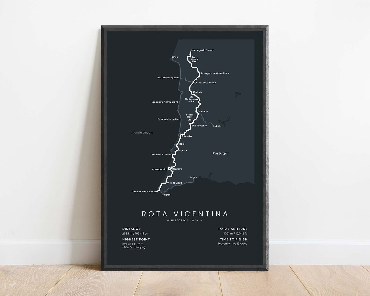 Rota Vicentina Historical Way (Cabo de Sao Vicente) Route Wall Art with Black Background