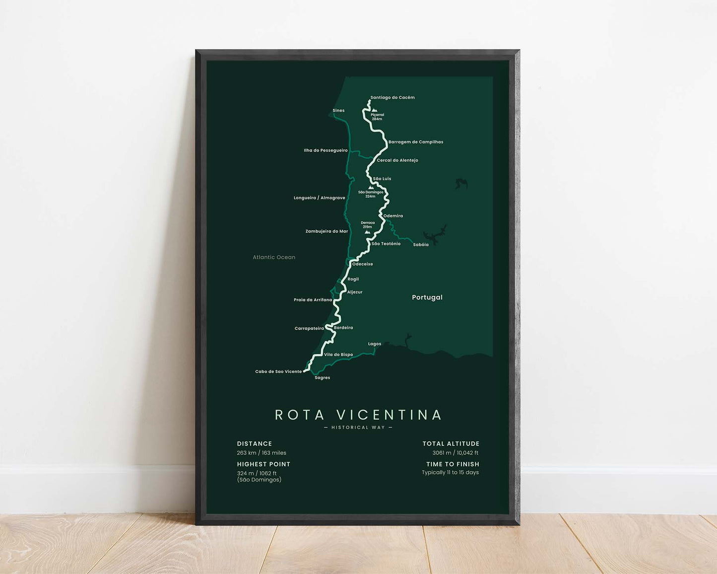 Rota Vicentina Historical Way (Portugal) Track Map Art with Green Background