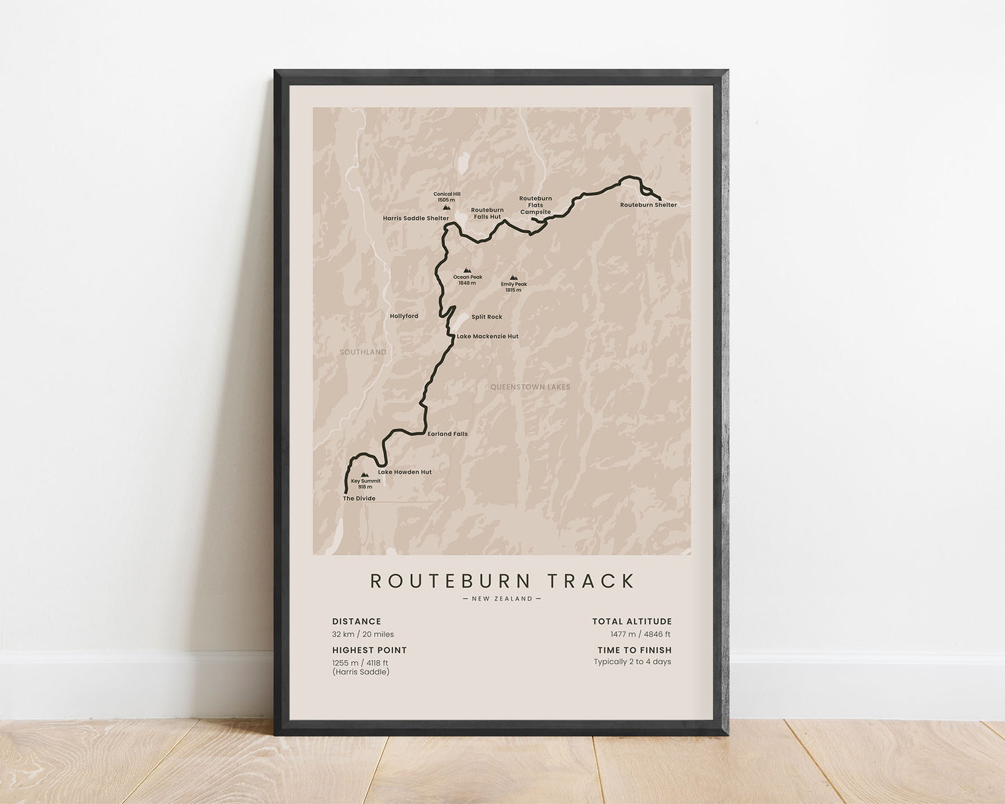 Routeburn Track (Southern Alps) Hike Wall Map with Beige Background