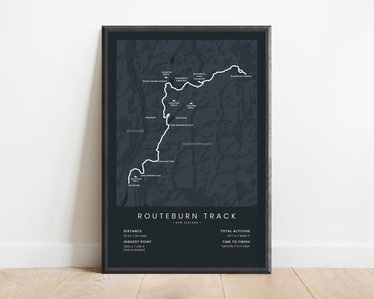 Routeburn Track (New Zealand) Trail Poster with Black Background
