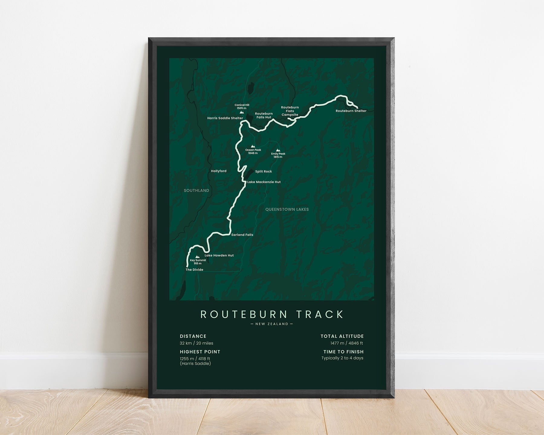 Routeburn Track (South Island) Track Map Art with Green Background