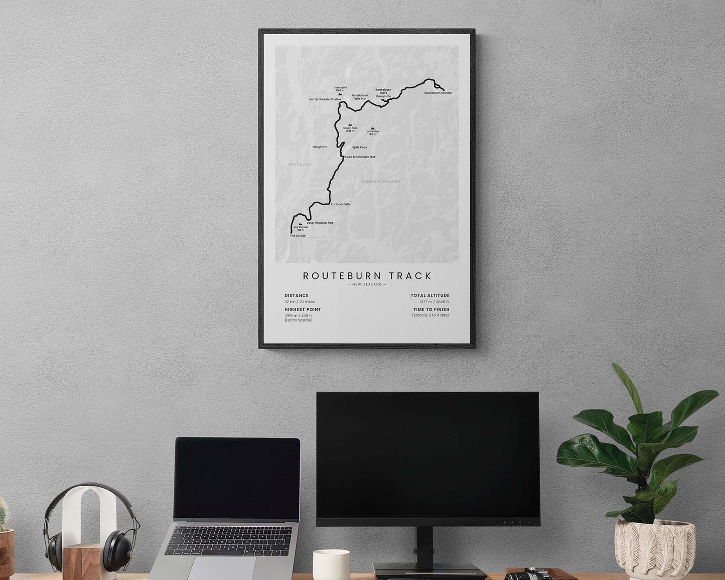 Routeburn Track (Southern Alps) Hike Wall Map in Minimal Room Decor