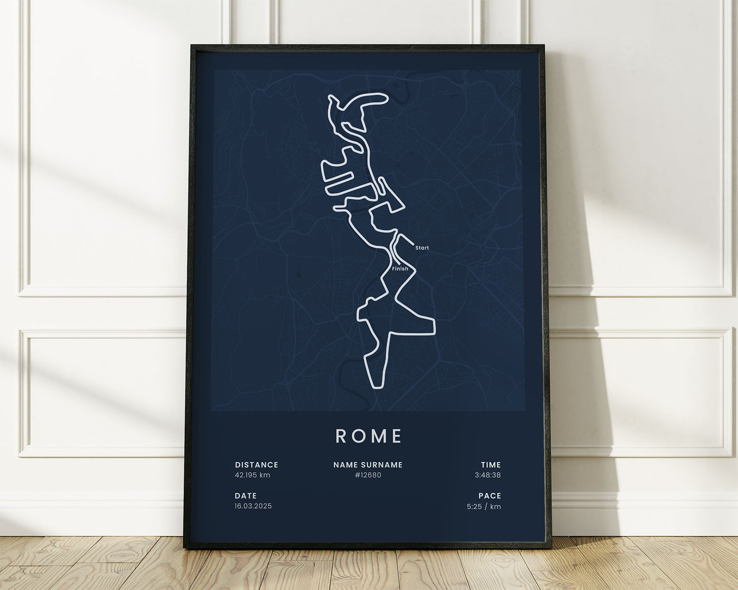 Rome Marathon (Piazza Venezia) Run Wall Map with Blue Background