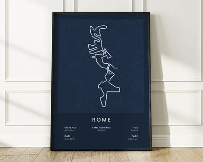 Rome Marathon (Piazza Venezia) Run Wall Map with Blue Background