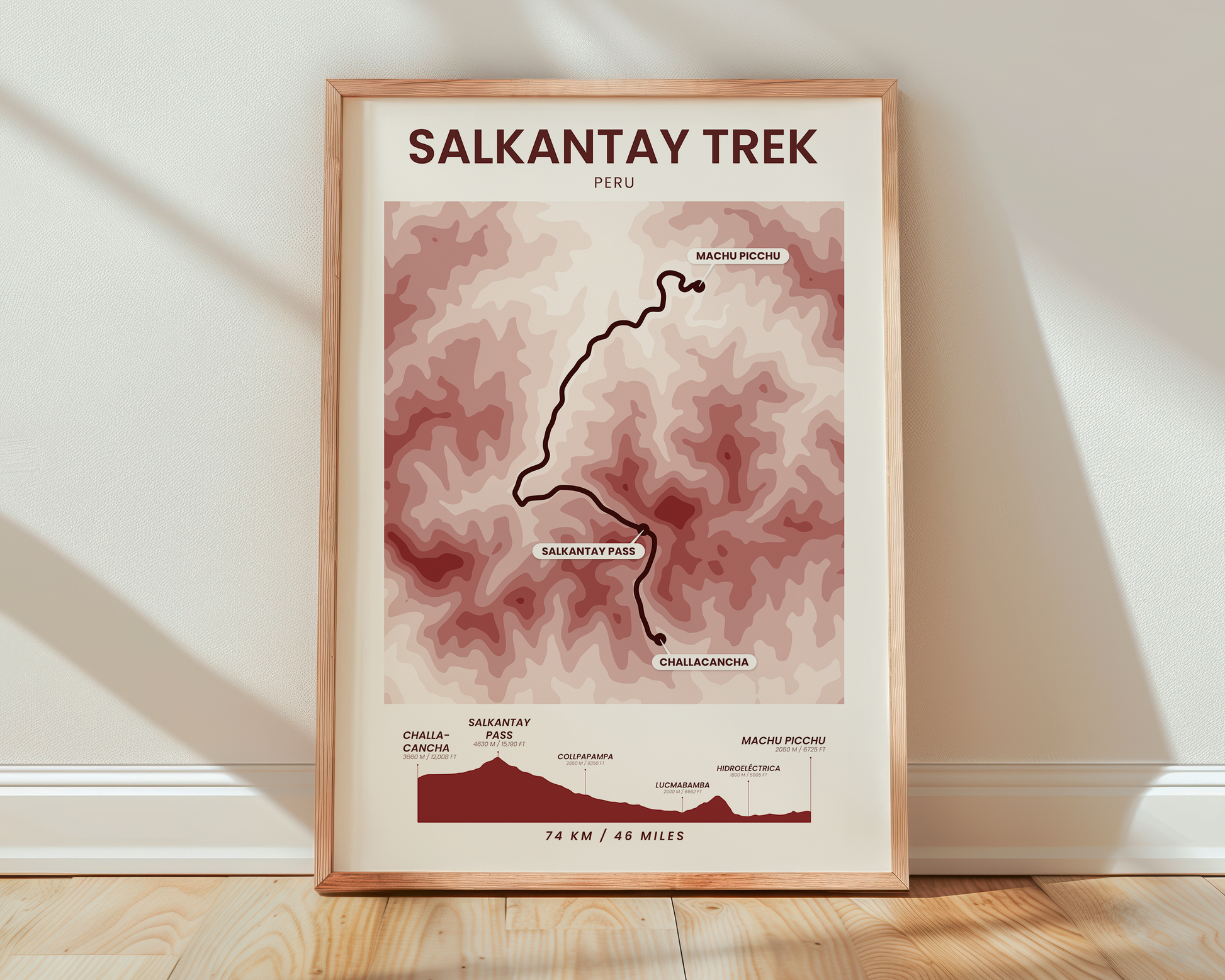Salkantay Trek To Machu Picchu (Peru) Shaded Relief Map Poster Print with Red Background