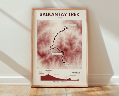 Salkantay Trek To Machu Picchu (Peru) Shaded Relief Map Poster Print with Red Background