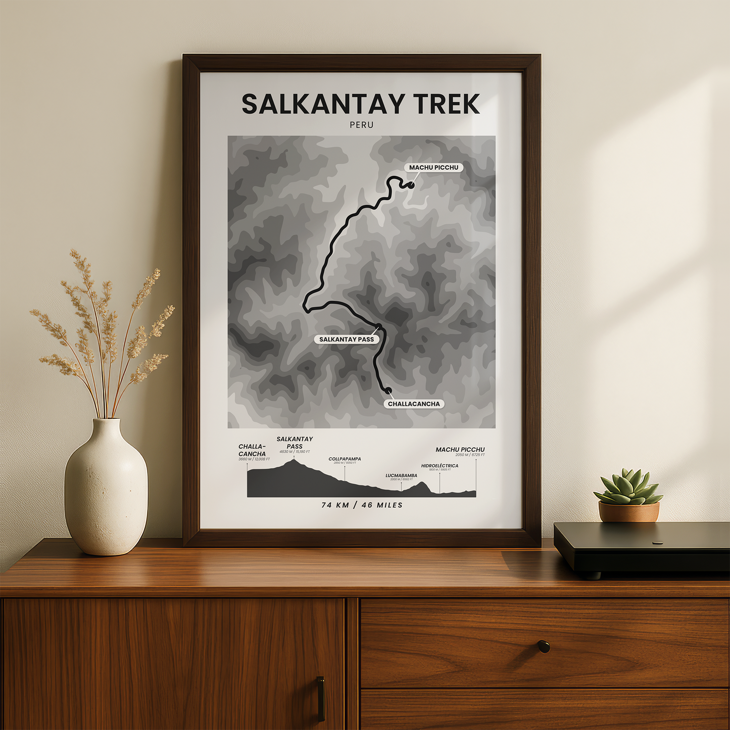 Salkantay Trek To Machu Picchu (South America) Elevation Map Map Art with Black Background