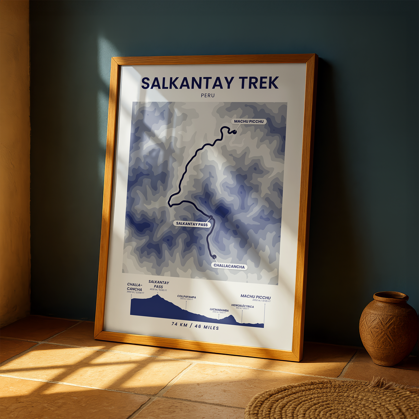 Salkantay Trek (Andes) Topographic Map Wall Decor with Blue Background