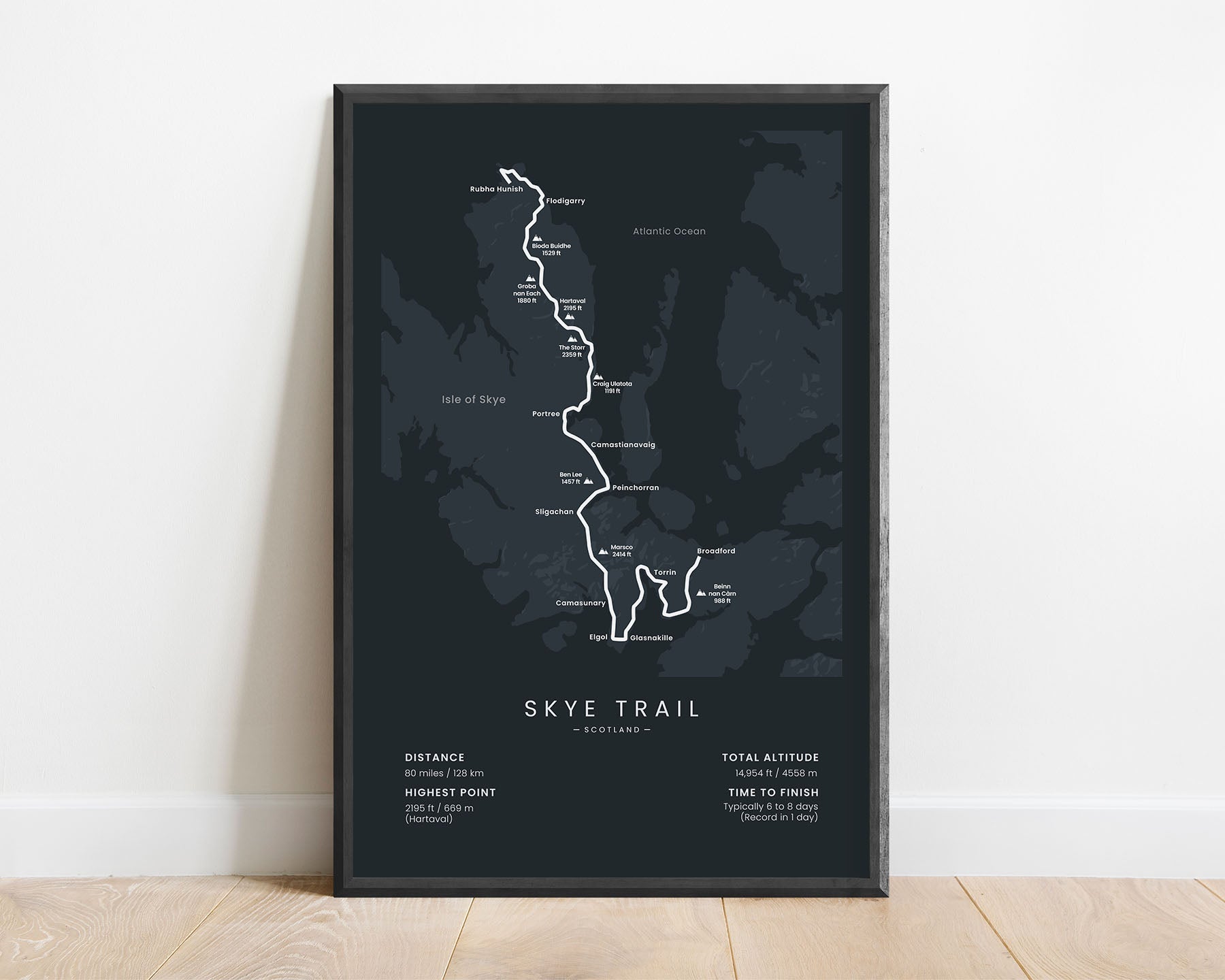 Skye Trail Ultra (Scottish Highlands) trek map art with black background