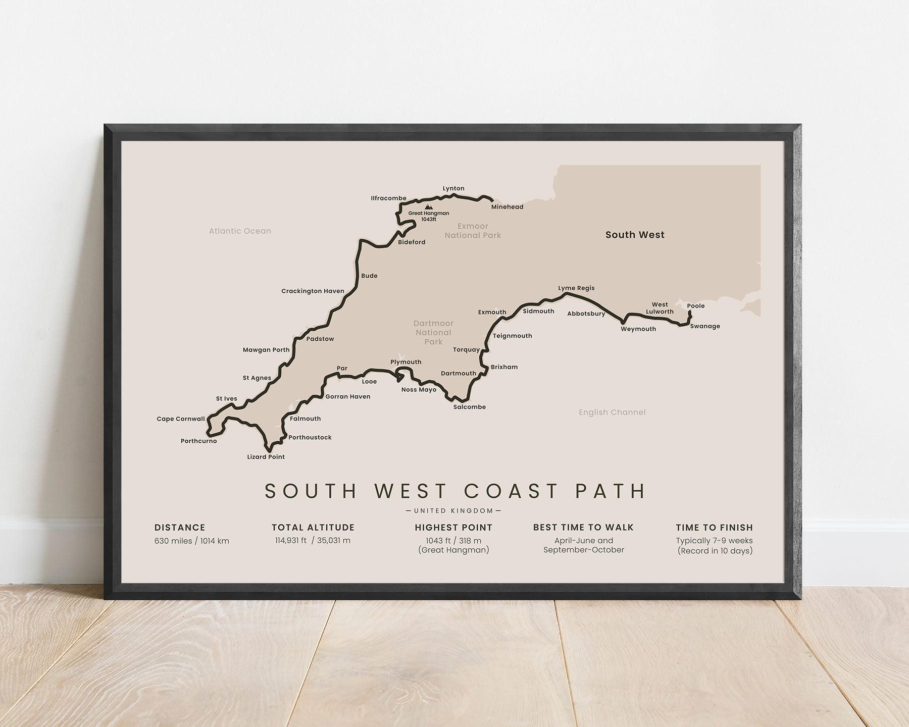 South West Coastal Path thru hike wall art with beige background (England)