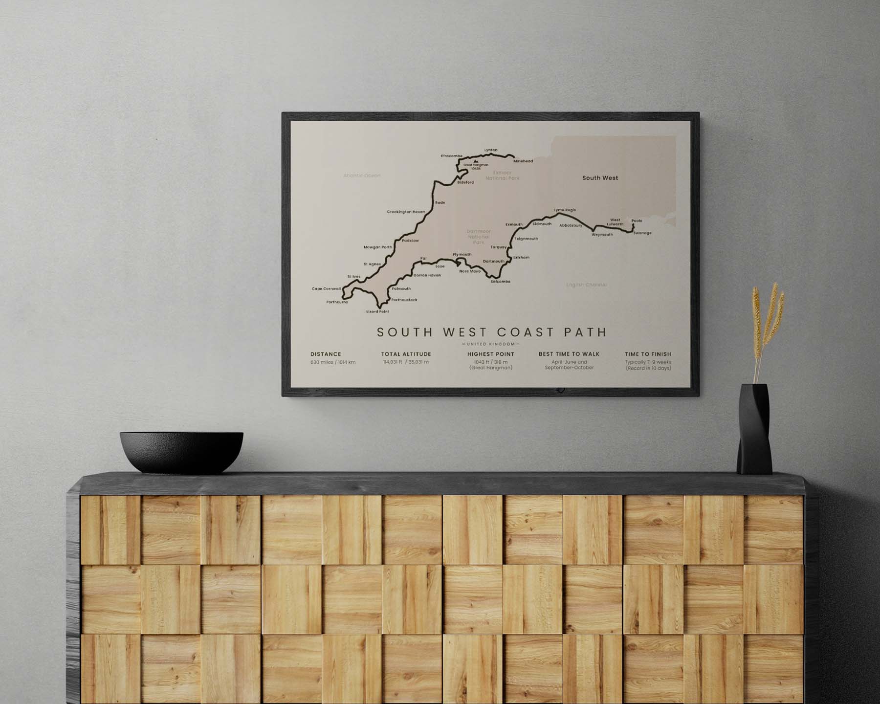 South West Coast Path track poster in minimal room decor (Cornwall)