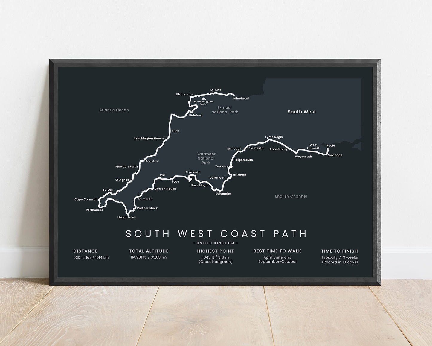 South West Coast Path trail print with black background (Cornwall)