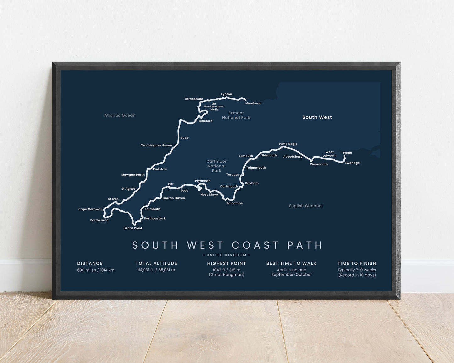South West Coastal Path trek map art with blue background (Somerset)