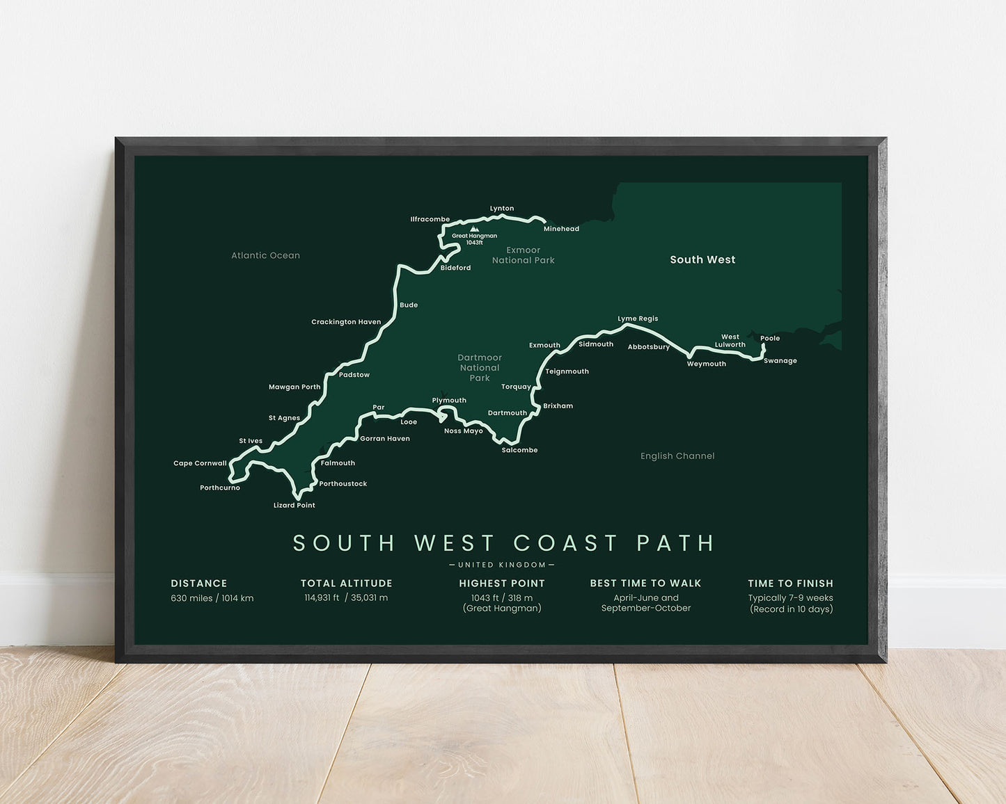 South West Coast Path wall map with green background (Devon)