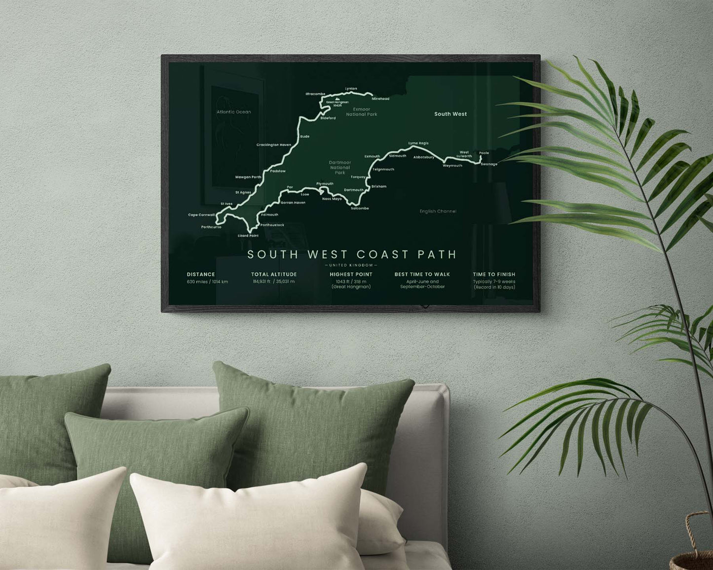 South West Coastal Path route art print in minimal room decor (Dorset)