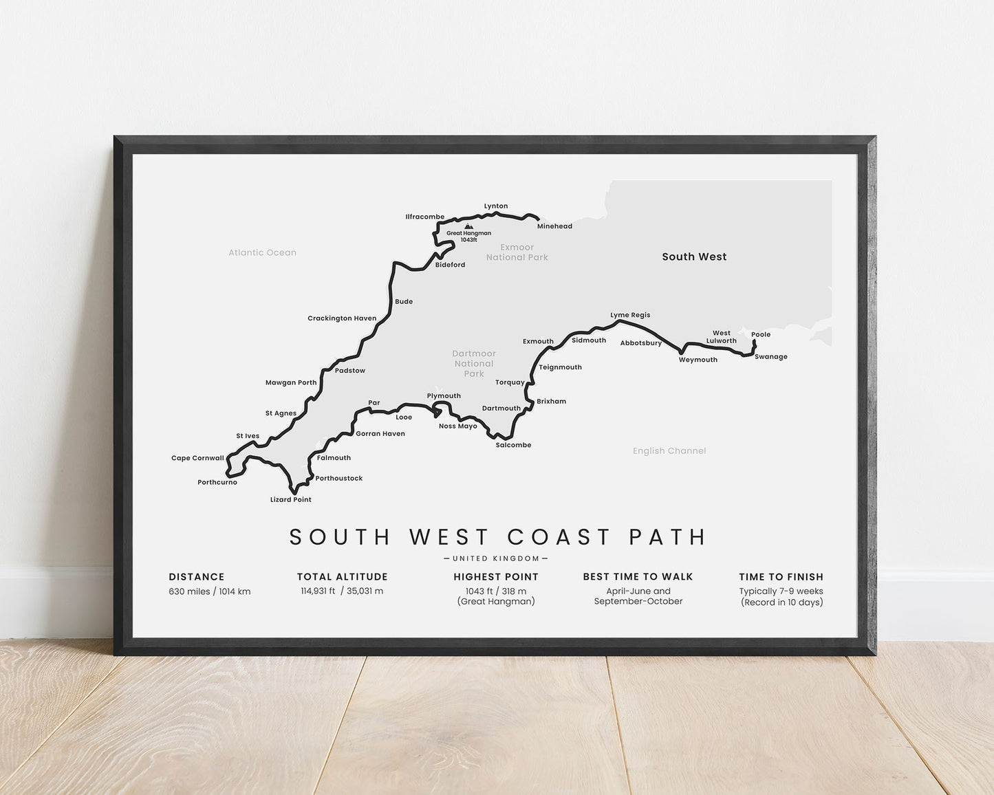 South West Coast Path hike poster with white background (United Kingdom)