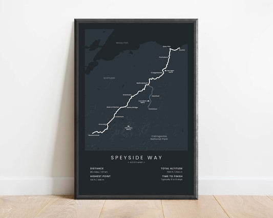 Speyside Way (Newtonmore to Buckie) Trail Map Art with Black Background