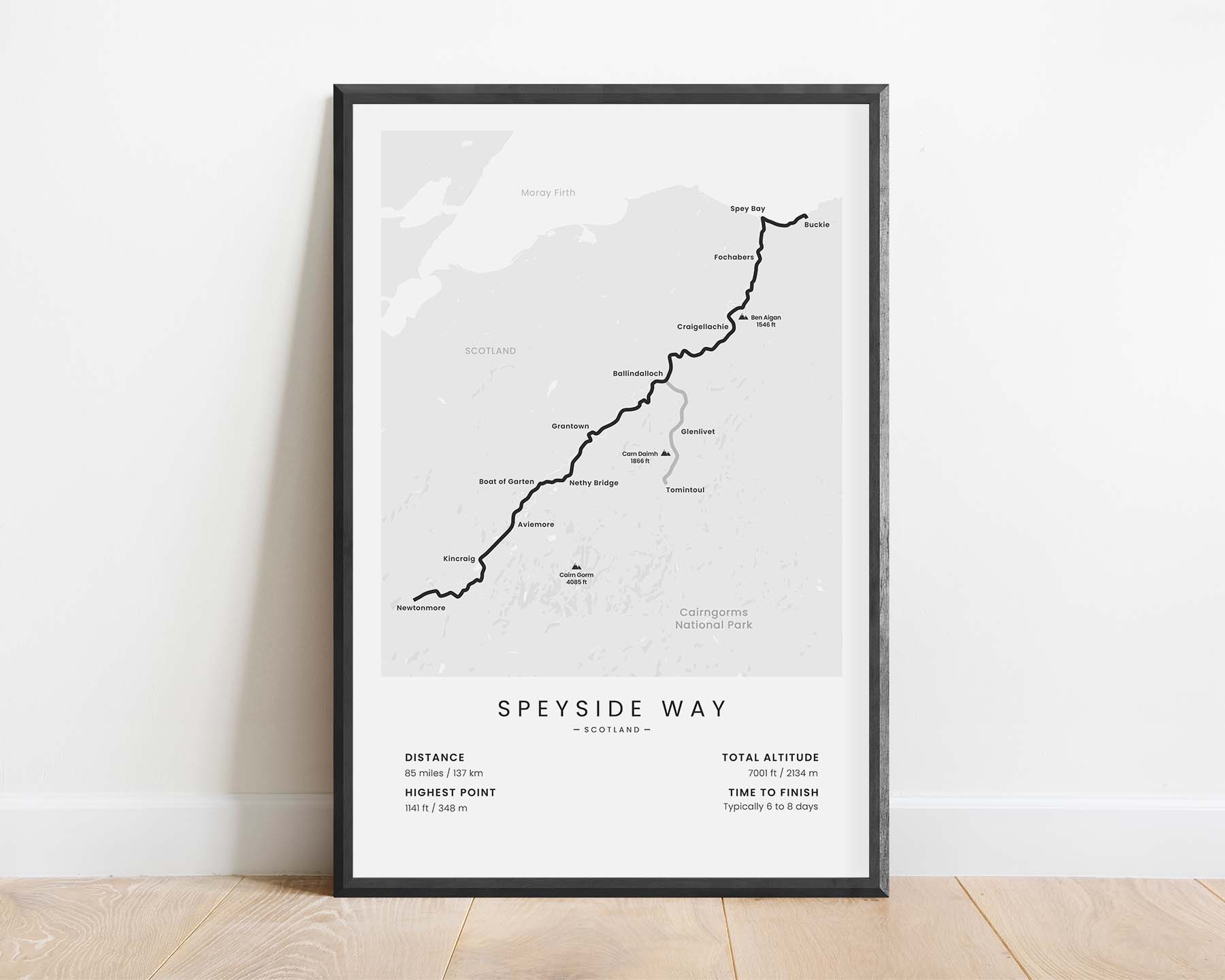 Speyside Way (Scotland) Route Wall Map with White Background