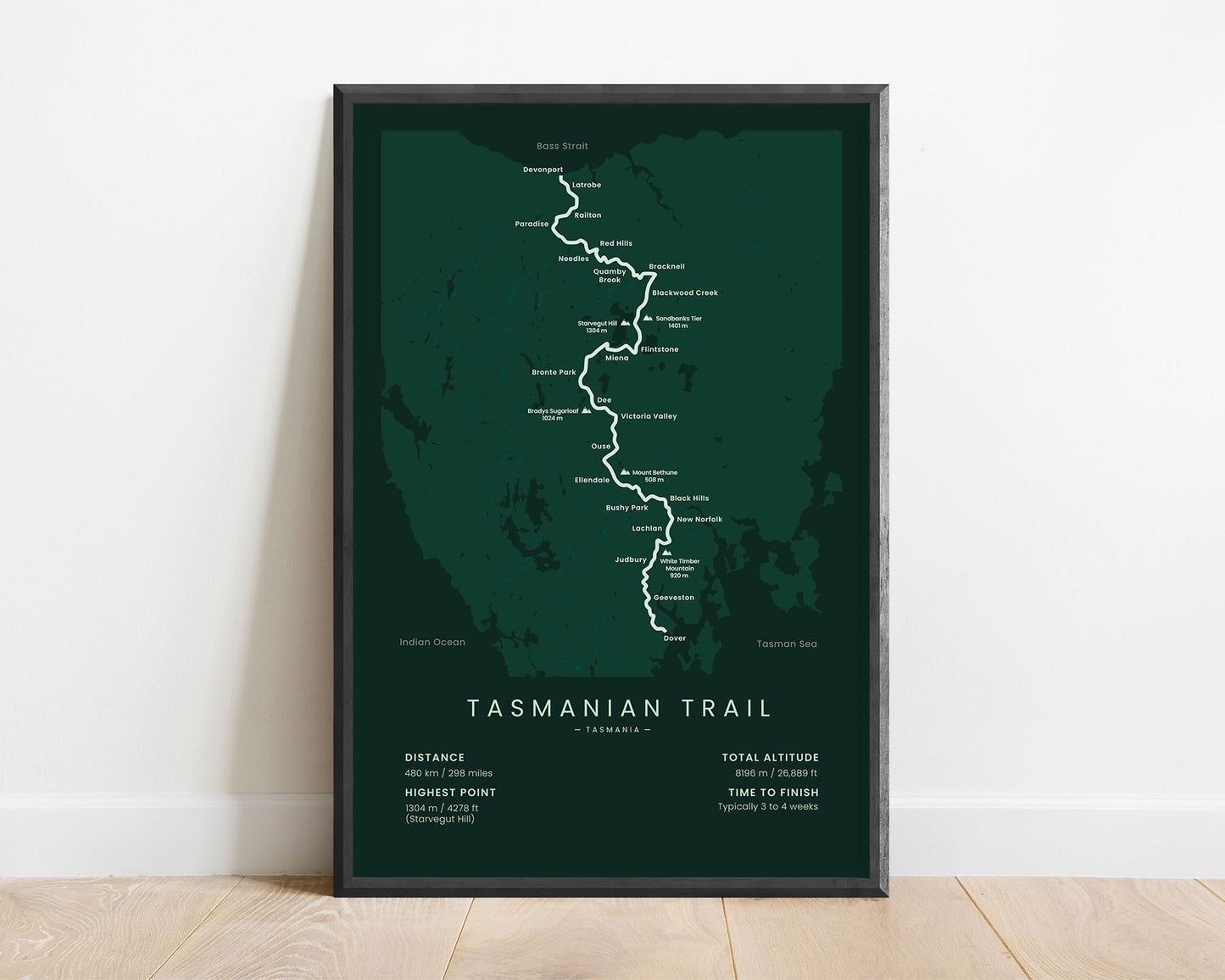 Tasmanian Trail Trek Map Art with Green Background