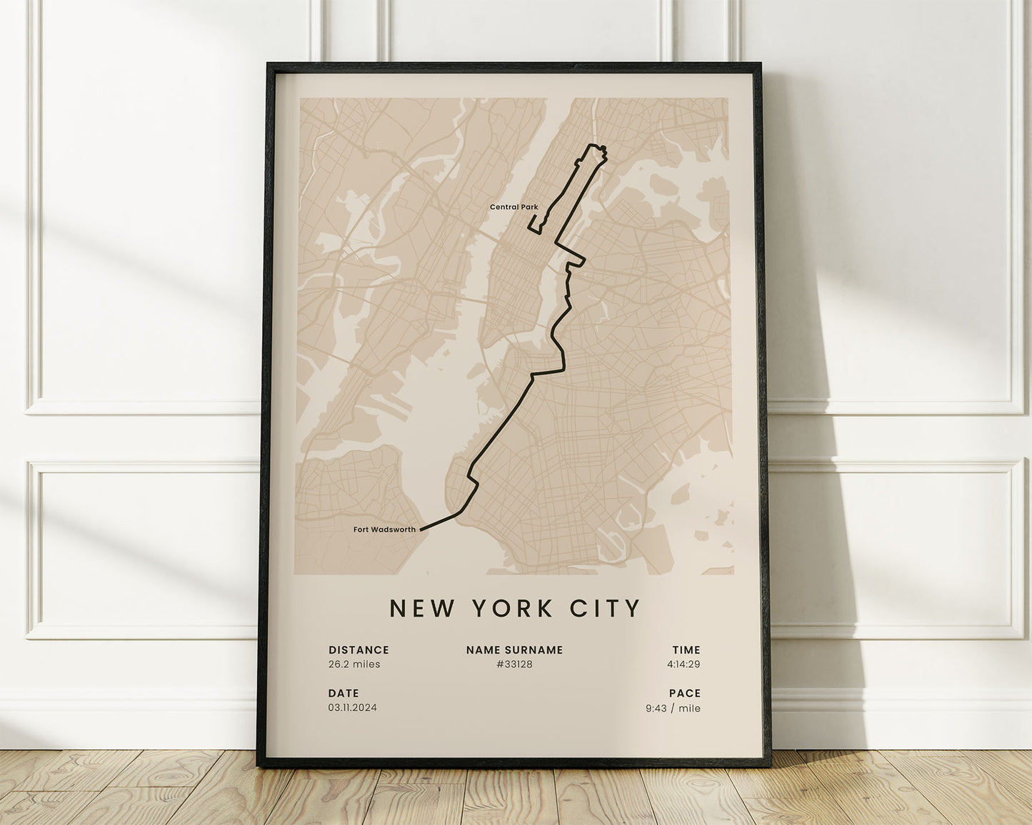 New York City Marathon (Abbott World Marathon Majors) Running Map Art with Beige Background