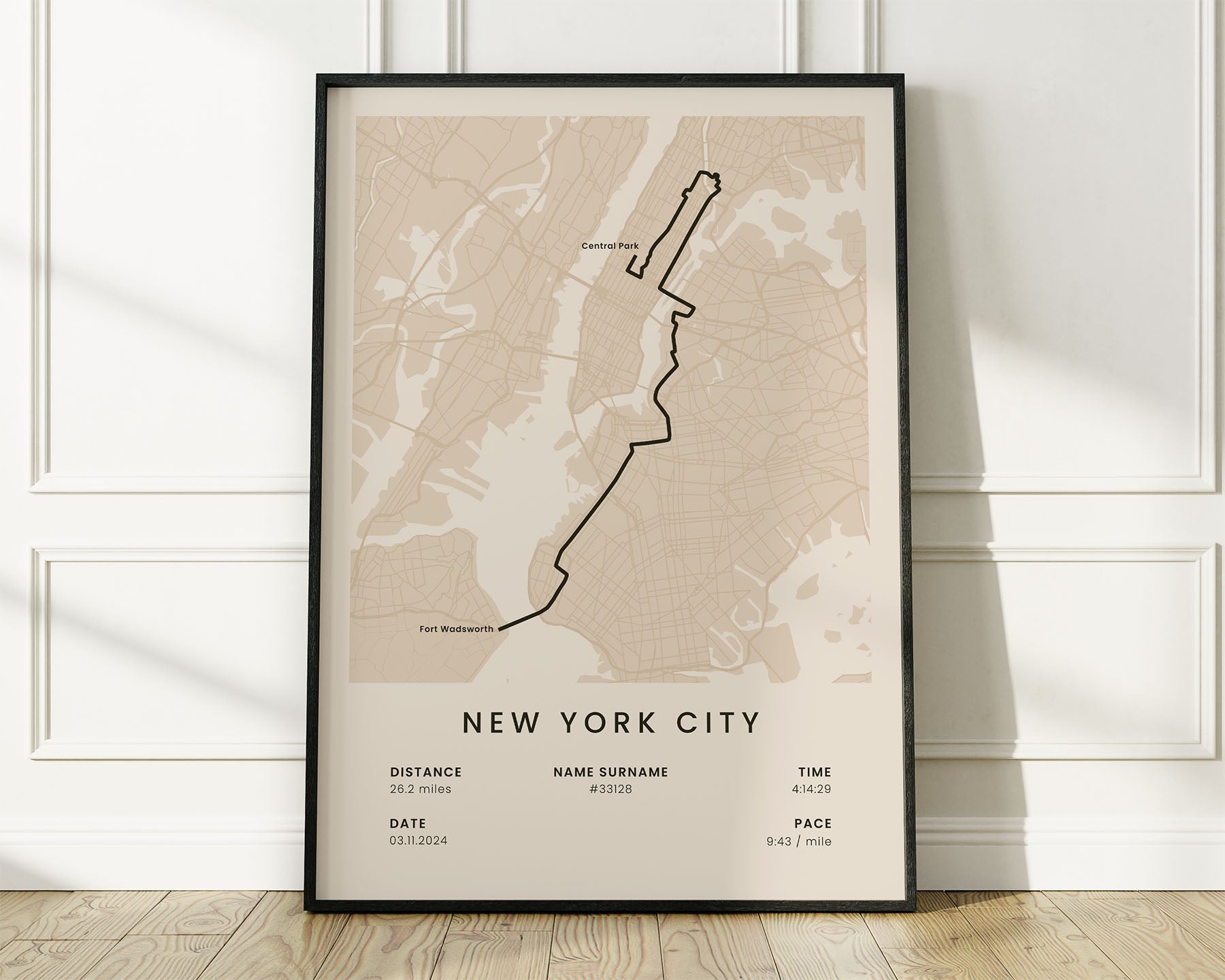 New York City Marathon (Abbott World Marathon Majors) Running Map Art with Beige Background