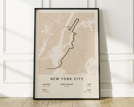 New York City Marathon (Abbott World Marathon Majors) Running Map Art with Beige Background