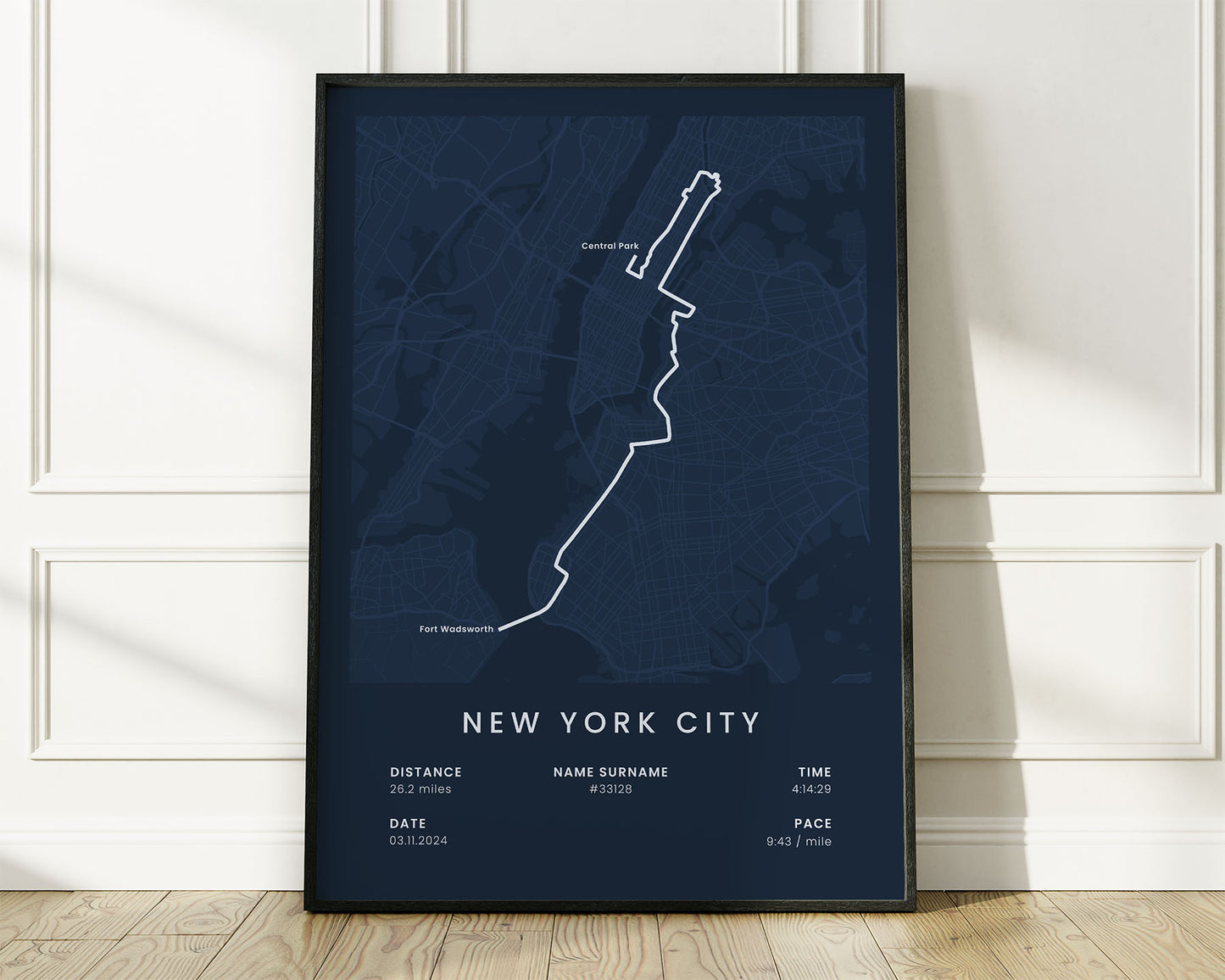 New York City Marathon (Manhattan) Run Wall Map with Blue Background