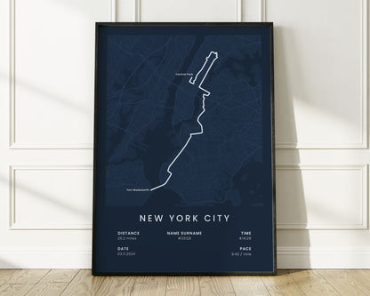 New York City Marathon (Manhattan) Run Wall Map with Blue Background