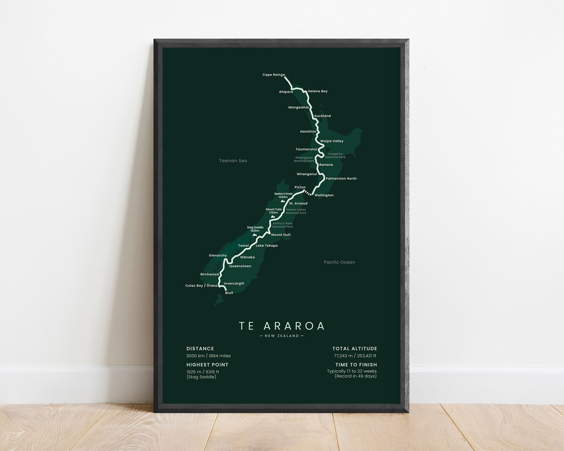 Te Araroa (New Zealand) Trek Wall Map with Green Background