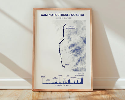 The Coastal Way (Portugal) Shaded Relief Map Poster Print with Blue Background