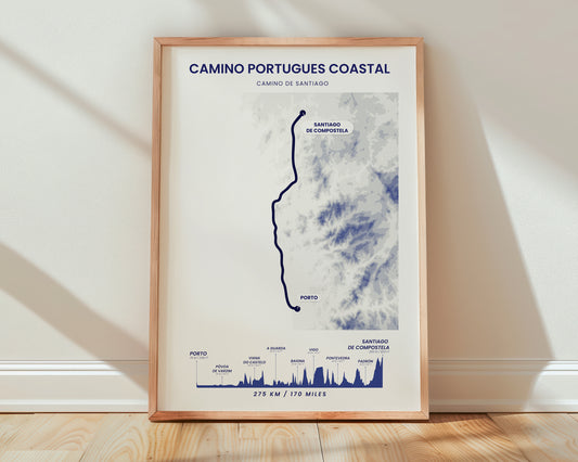 The Coastal Way (Portugal) Shaded Relief Map Poster Print with Blue Background