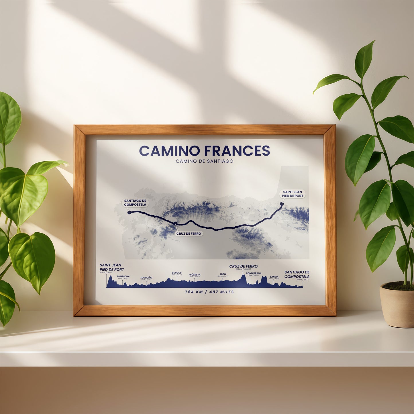 The French Way (La Rioja) Terrain Map Wall Art with Blue Background