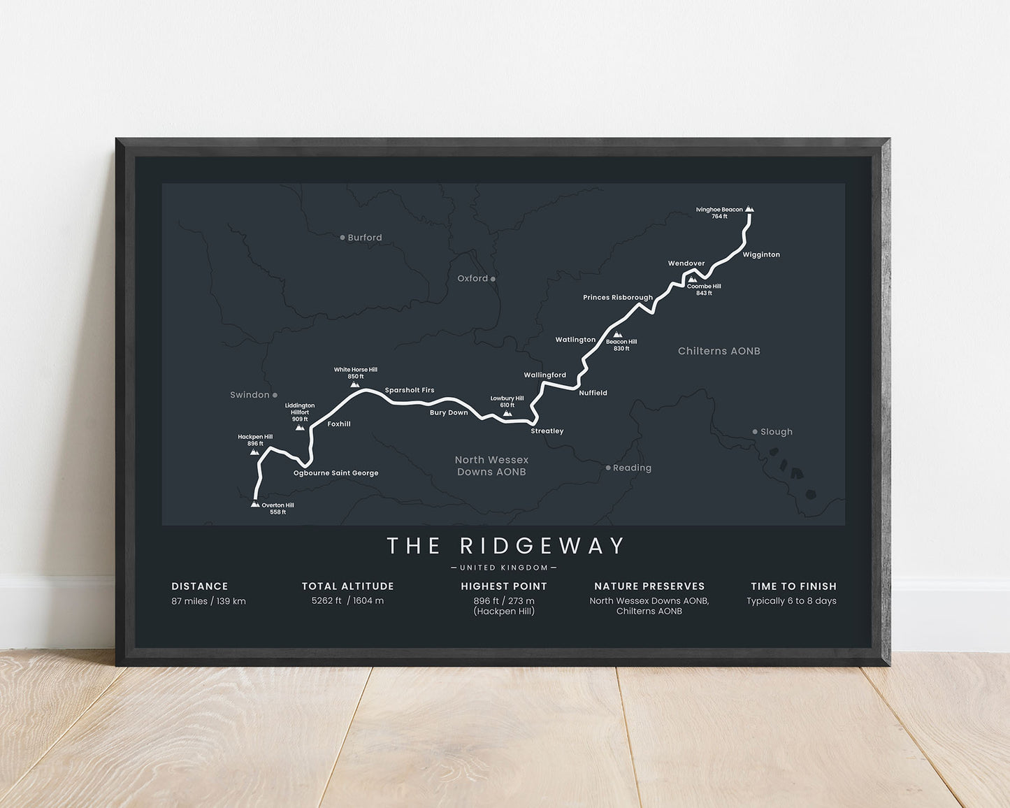 The Ridgeway National Trail (England) Path Wall Map with black background