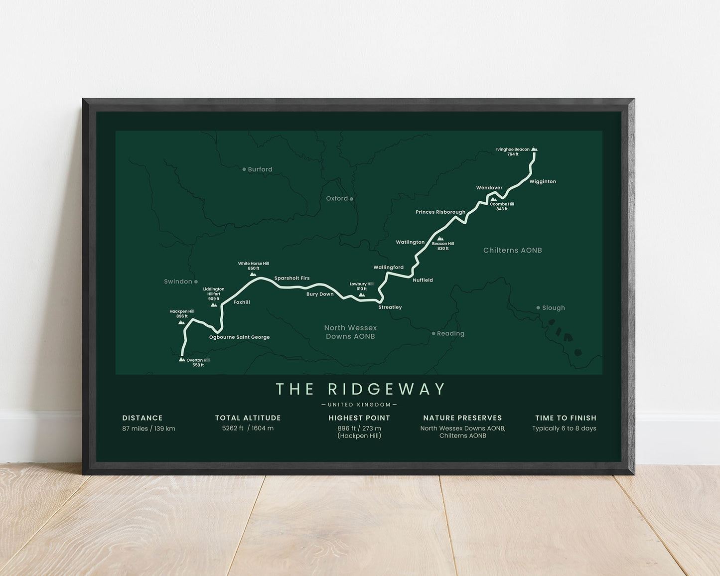 The Ridgeway National Trail (England) Hike Wall Art with green background