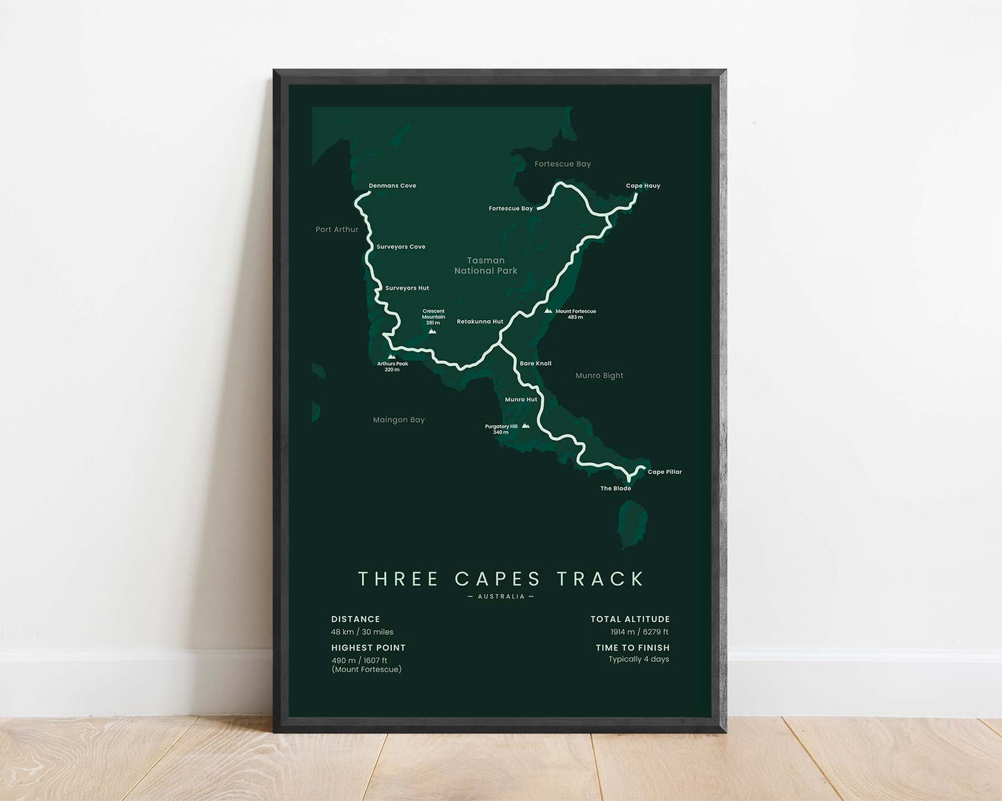 Three Capes Track (Tasman National Park, Port Arthur Historic Site, Cape Pillar, Cape Hauy, Denmans Cove, Cape Raoul, Tasmania) Trek Map Art with Green Background