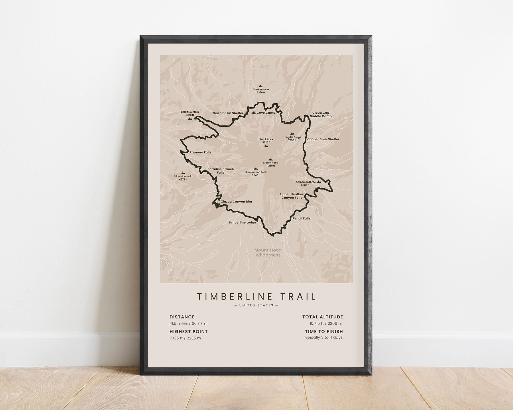 Timberline Trail (Mount Hood Loop, in Oregon, United States) minimalist map poster with black frame and beige background