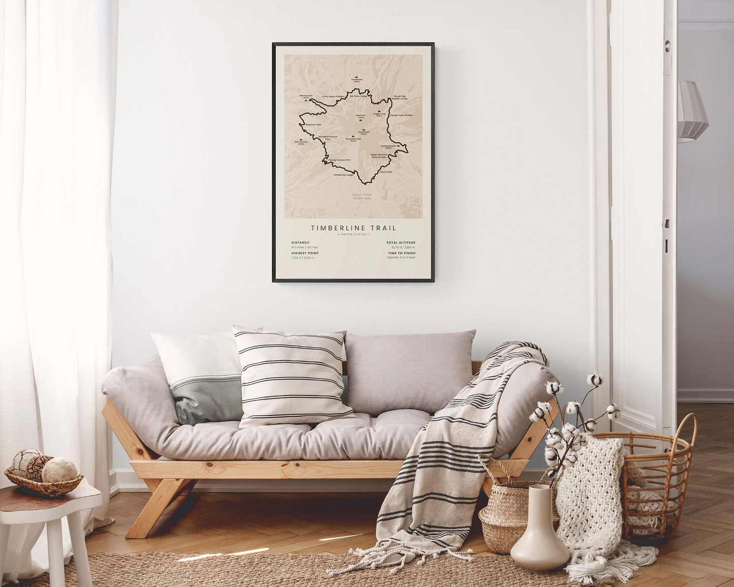 Timberline Trail (Mount Hood Loop, in Oregon, United States) minimalist map poster with black frame and beige background living room mockup
