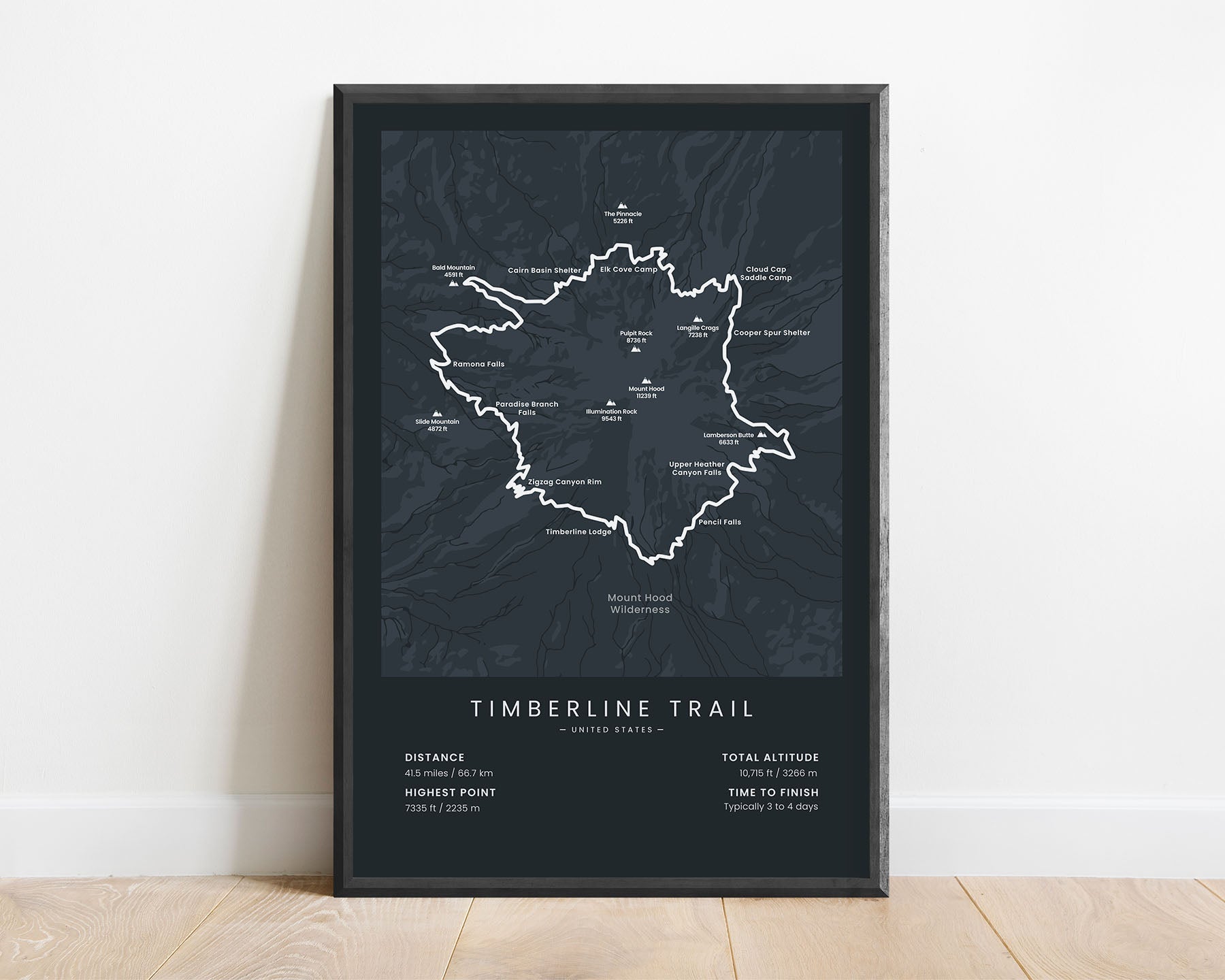 Timberline Trail (Mount Hood Loop, in Oregon, United States) minimalist map poster with black frame and black background