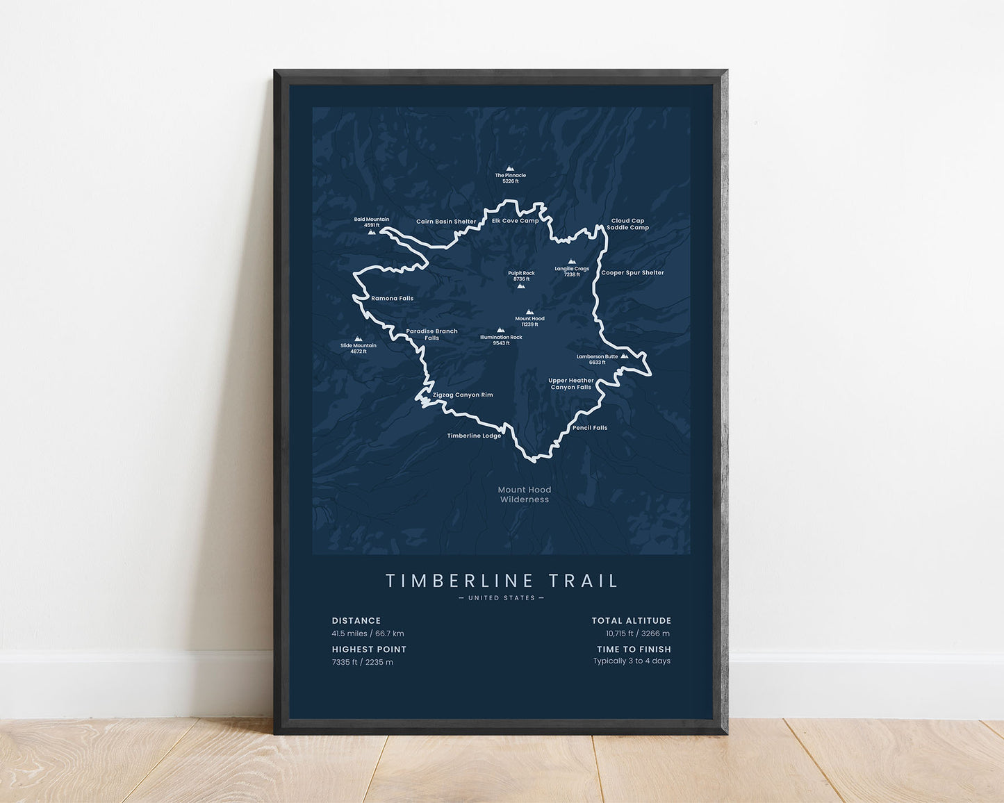 Timberline Trail (Mount Hood Loop, in Oregon, United States) minimalist map poster with black frame and blue background