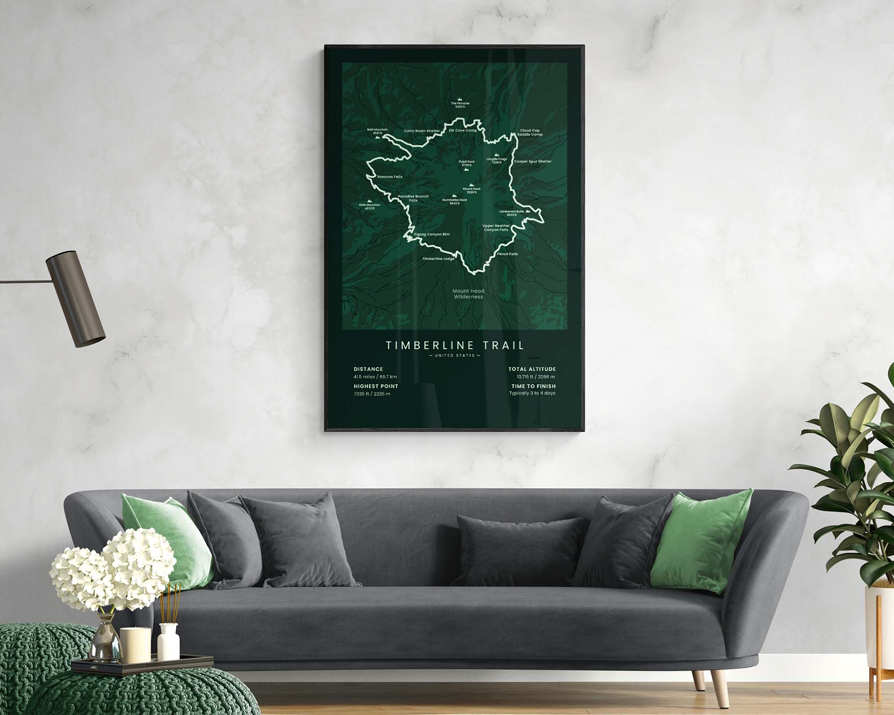 Timberline Trail (Mount Hood Loop, in Oregon, United States) minimalist map poster with black frame and green background living room mockup