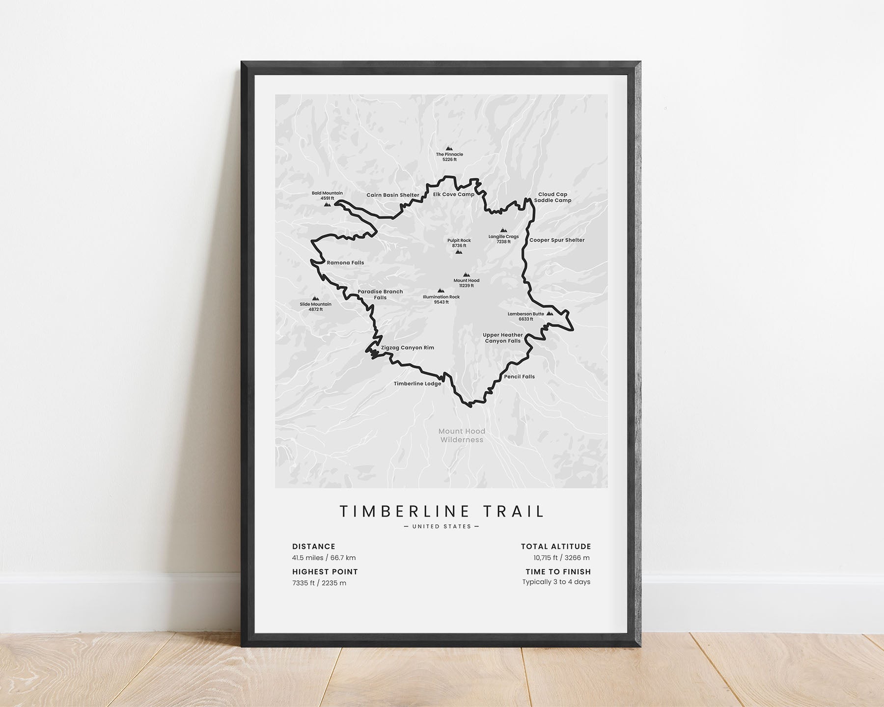 Timberline Trail (Mount Hood Loop, in Oregon, United States) minimalist map poster with black frame and white background