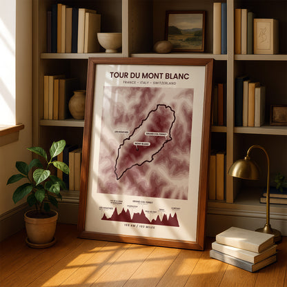 Tour De Mont Blanc (Alps) Shaded Relief Map Wall Map with Red Background