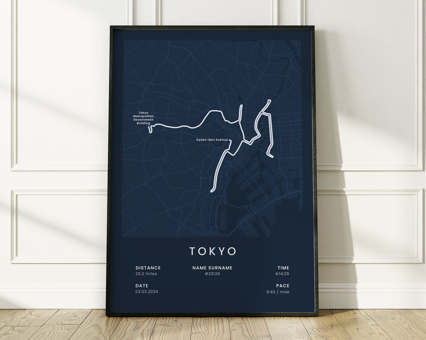 Tokyo Marathon (Ginza) Run Wall Map with Blue Background