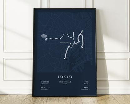 Tokyo Marathon (Ginza) Run Wall Map with Blue Background