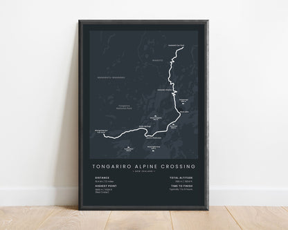 Tongariro Alpine Crossing (North Island) trek wall map with black background