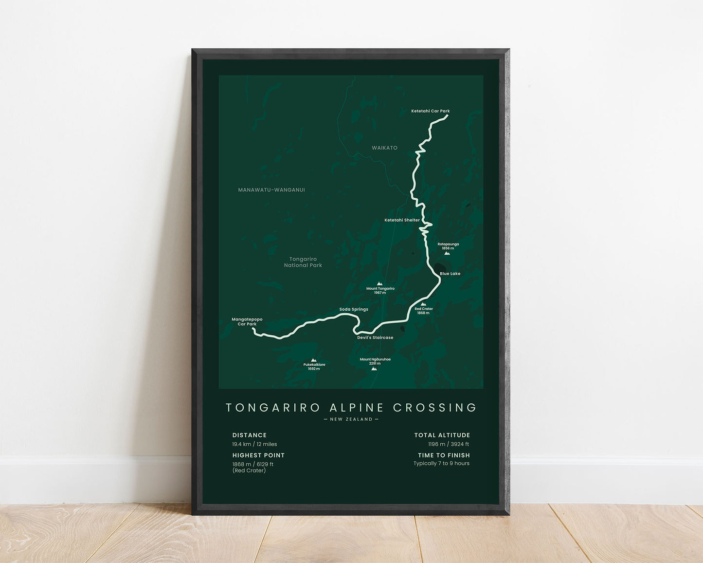 Tongariro Alpine Crossing (Mount Tongariro) route map art with green background